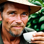 **Warm, authentic photo of a local Dutch coffee farmer, showcasing the human connection behind a sustainable coffee brand.** (Focus: Authenticity, local connection, sustainability)