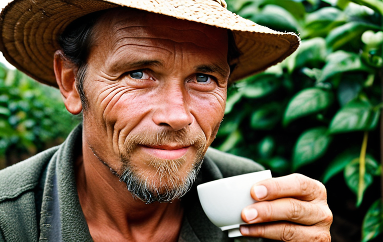 **Warm, authentic photo of a local Dutch coffee farmer, showcasing the human connection behind a sustainable coffee brand.** (Focus: Authenticity, local connection, sustainability)