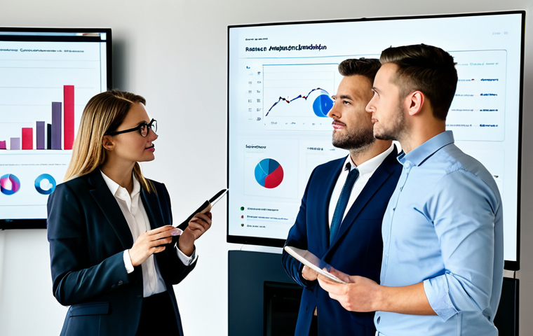 A diverse group of four marketing professionals, two male and two female, fully clothed in modest, professional business attire. They are gathered around a large interactive digital screen in a modern, well-lit collaborative office. The screen displays vibrant, abstract data visualizations and strategic marketing frameworks. One professional is presenting to the others, pointing at a key data point on the screen. The others are engaged, listening attentively and taking notes. Perfect anatomy, correct proportions, natural pose, well-formed hands, proper finger count, natural body proportions, professional photography, high quality, safe for work, appropriate content, professional.