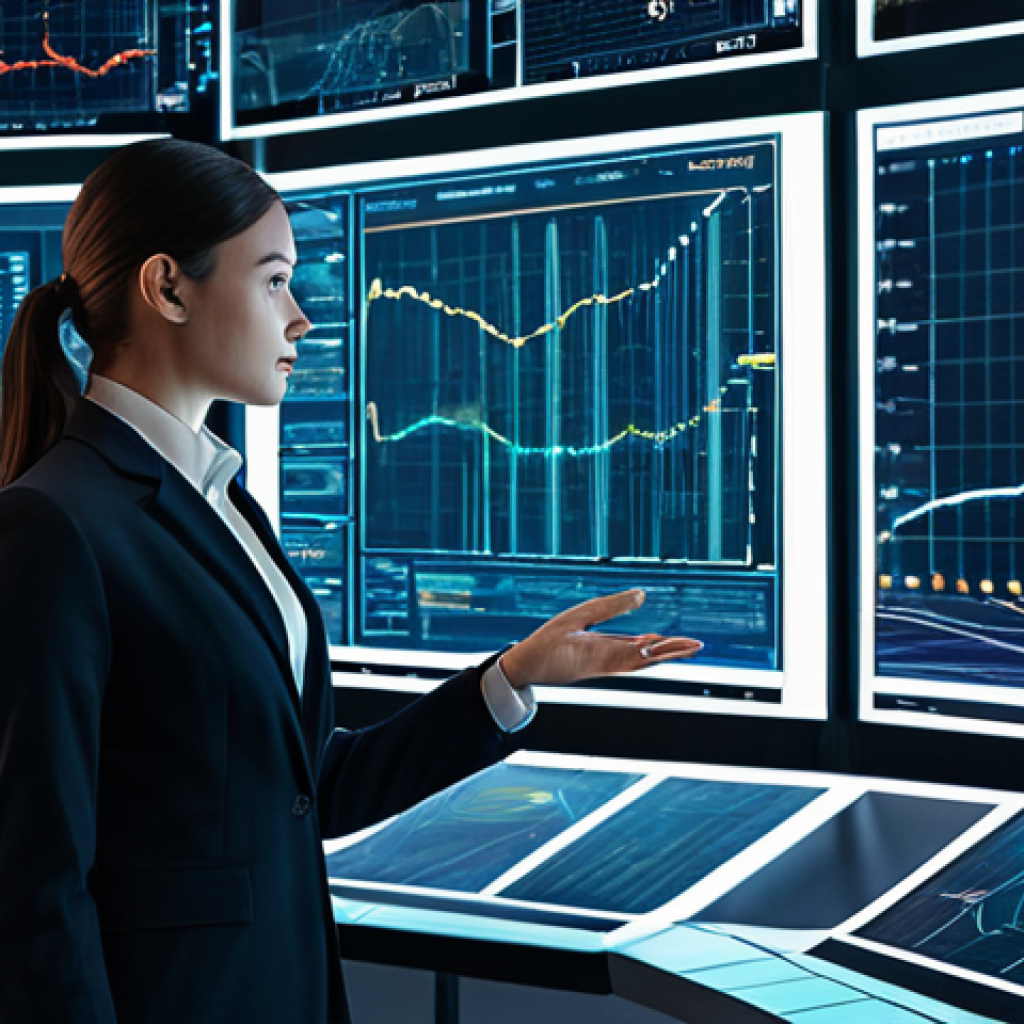 A professional female data analyst in modest business attire, fully clothed, standing in a futuristic data analysis hub. She is surrounded by multiple large, transparent screens displaying intricate, glowing data visualizations and abstract AI network lines. Her perfect anatomy and correct proportions are visible as she intently views a central holographic dashboard, with well-formed hands subtly gesturing. The pose is natural, ensuring proper finger count and natural body proportions. The atmosphere is focused and high-tech, captured with professional photography and a clean aesthetic. safe for work, appropriate content, fully clothed, professional.