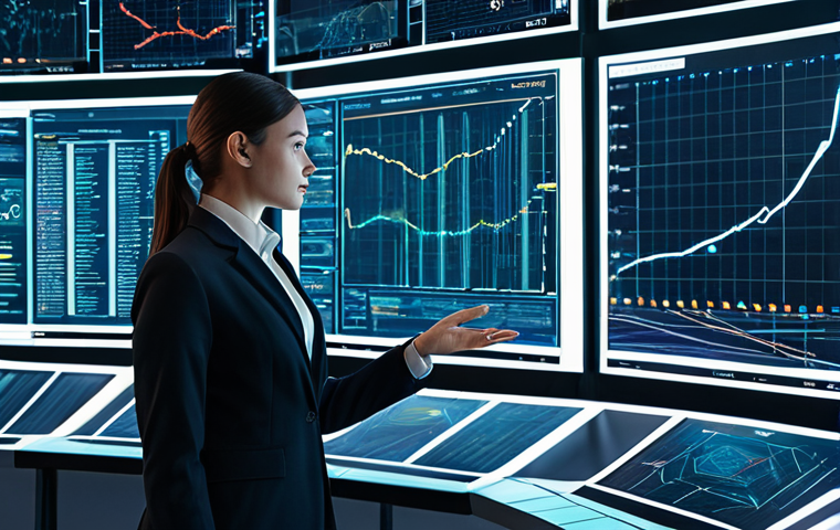 A professional female data analyst in modest business attire, fully clothed, standing in a futuristic data analysis hub. She is surrounded by multiple large, transparent screens displaying intricate, glowing data visualizations and abstract AI network lines. Her perfect anatomy and correct proportions are visible as she intently views a central holographic dashboard, with well-formed hands subtly gesturing. The pose is natural, ensuring proper finger count and natural body proportions. The atmosphere is focused and high-tech, captured with professional photography and a clean aesthetic. safe for work, appropriate content, fully clothed, professional.