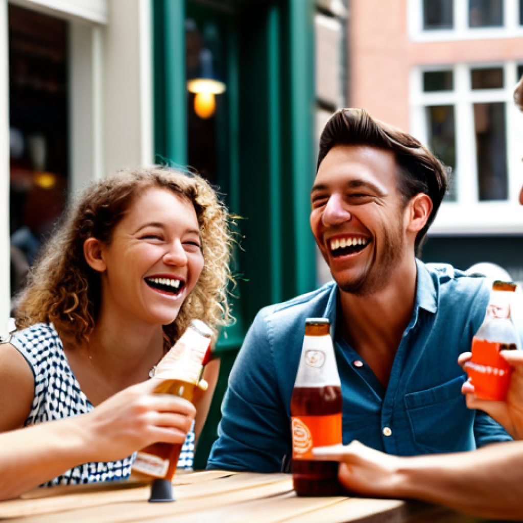 Moderne reclame met storytelling elementen**
"Close-up shot of a diverse group of friends laughing together at an outdoor cafe in Amsterdam, each holding a bottle of local craft soda. The branding on the bottles is clean and modern. Soft, natural lighting. Background blurred with iconic Dutch architecture. Image should evoke feelings of friendship, joy, and authenticity. Focus on creating a realistic and relatable scene. High resolution, professional quality. Safe for work, appropriate content, fully clothed, family-friendly."
**