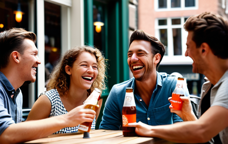 Moderne reclame met storytelling elementen**

"Close-up shot of a diverse group of friends laughing together at an outdoor cafe in Amsterdam, each holding a bottle of local craft soda. The branding on the bottles is clean and modern. Soft, natural lighting. Background blurred with iconic Dutch architecture. Image should evoke feelings of friendship, joy, and authenticity. Focus on creating a realistic and relatable scene. High resolution, professional quality. Safe for work, appropriate content, fully clothed, family-friendly."

**
