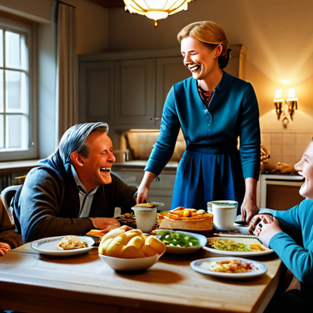 Storytelling TV Ad**
Prompt: A scene depicting a heartwarming family moment, gathered around a table, fully clothed, modest clothing, appropriate attire, laughing and enjoying themselves, a classic Dutch interior with warm lighting, safe for work, perfect anatomy, natural proportions, professional photography, high quality. The subtle product placement of a familiar Dutch food brand evokes feelings of nostalgia and togetherness.
**