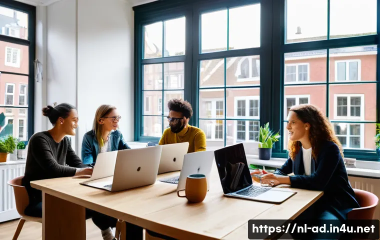 광고홍보사와 크리에이티브 전략적 광고 제작 - A modern creative marketing team in a bright Amsterdam office, diverse group of professionals collab...