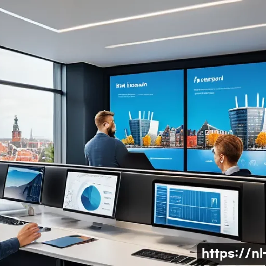 광고홍보사와 광고 효과성 데이터 분석 - A modern Dutch marketing office scene showing a diverse team of professionals analyzing large digita...