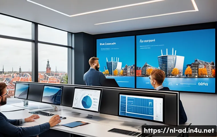 광고홍보사와 광고 효과성 데이터 분석 - A modern Dutch marketing office scene showing a diverse team of professionals analyzing large digita...