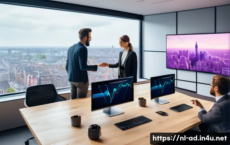 광고홍보사와 디지털 광고의 미래 - A modern digital marketing office scene featuring a diverse team of professionals analyzing real-tim...