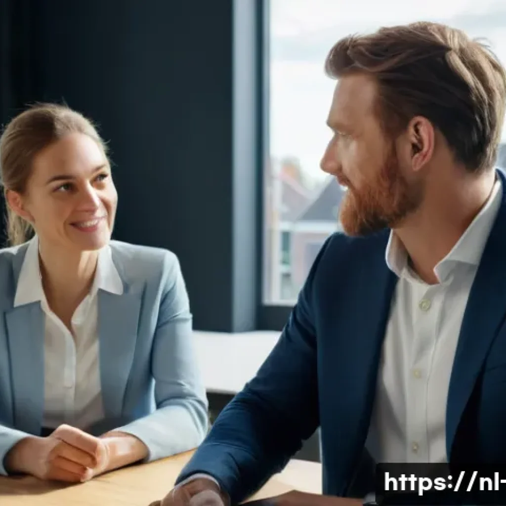 광고홍보사 협상 스킬 - A professional business negotiation scene set in a modern Dutch office with large windows showing Am...