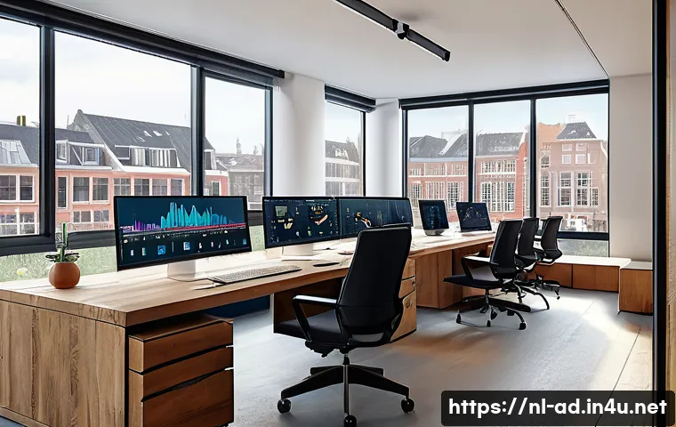 광고홍보사와 새로운 광고 도구 소개 - A modern digital marketing office scene in Amsterdam, featuring a diverse team of young professional...