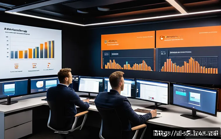 광고홍보사와 광고 데이터 분석 사례 - A modern digital marketing control room with diverse marketers analyzing real-time data streams on m...