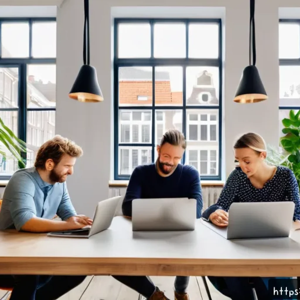광고홍보사와 고객 중심 브랜딩 전략 - A modern creative agency office scene in Amsterdam, featuring a diverse team of professionals collab...