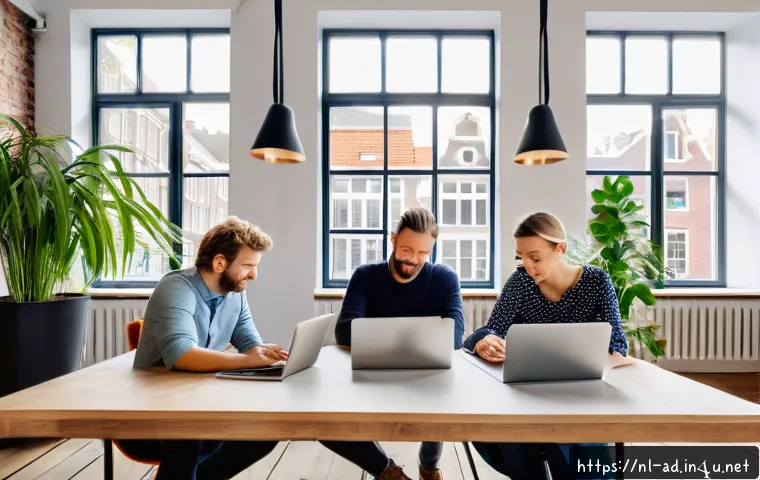 광고홍보사와 고객 중심 브랜딩 전략 - A modern creative agency office scene in Amsterdam, featuring a diverse team of professionals collab...