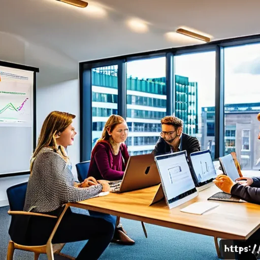 광고홍보사 업무 스트레스 관리법 - A modern Dutch marketing office scene showing a diverse team of professionals actively engaged in a ...