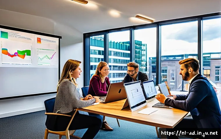 광고홍보사 업무 스트레스 관리법 - A modern Dutch marketing office scene showing a diverse team of professionals actively engaged in a ...