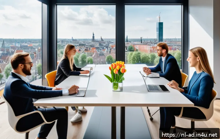광고홍보사와 광고 기술 발전 - A modern Dutch marketing office scene showing a diverse creative team collaborating with data analys...