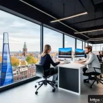 Home 22 광고홍보사와 광고 트렌드 분석 - A modern Dutch marketing office scene with diverse professionals collaborating on a digital campaign...