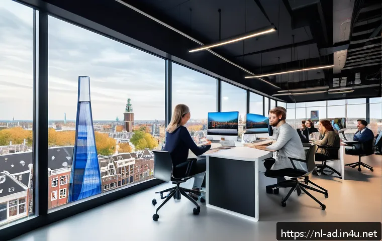 광고홍보사와 광고 트렌드 분석 - A modern Dutch marketing office scene with diverse professionals collaborating on a digital campaign...