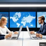 Home 21 광고홍보사와 효과적인 미디어 광고 캠페인 - A modern digital marketing control room with multiple large screens displaying real-time analytics o...
