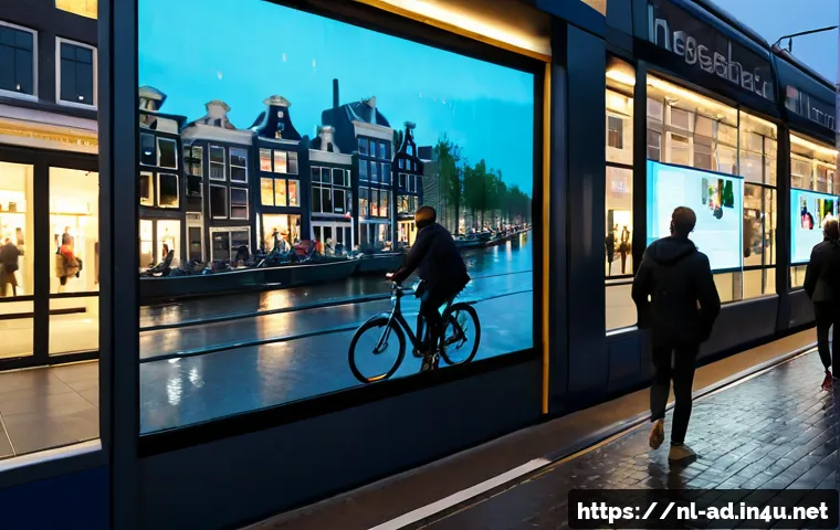 광고홍보사와 혁신적인 미디어 광고 사례 - Photorealistic innovative media advertising campaign in a modern Amsterdam tram stop at blue hour, a...