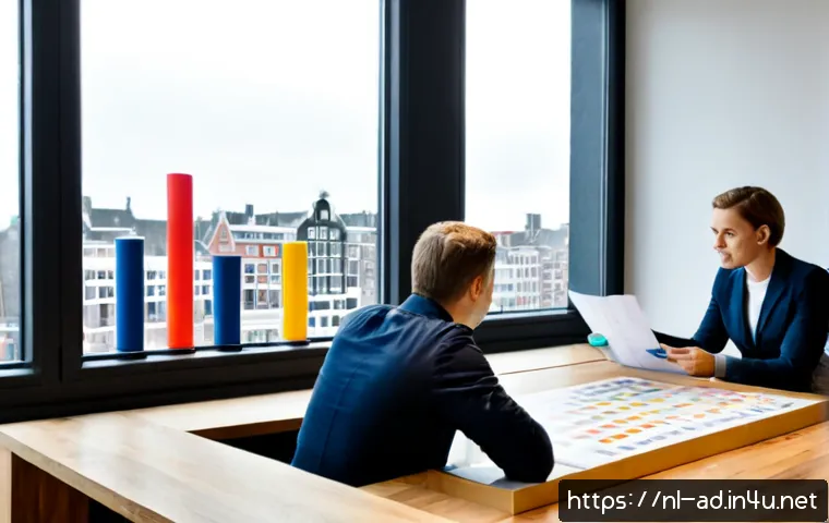 광고홍보사 기업별 연봉 비교 - Photorealistic modern Dutch advertising agency office in Amsterdam, diverse professional team review...