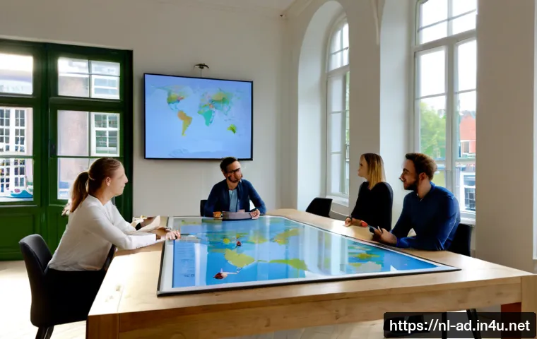 광고홍보사와 글로벌 광고 시장 전략 - Photorealistic advertising agency strategy meeting in a bright Amsterdam canal-side office, diverse ...
