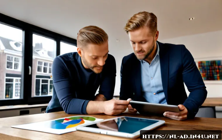 광고홍보사와 광고 트렌드 혁신 - Photorealistic modern advertising agency workspace in Amsterdam, diverse Dutch creative team reviewi...